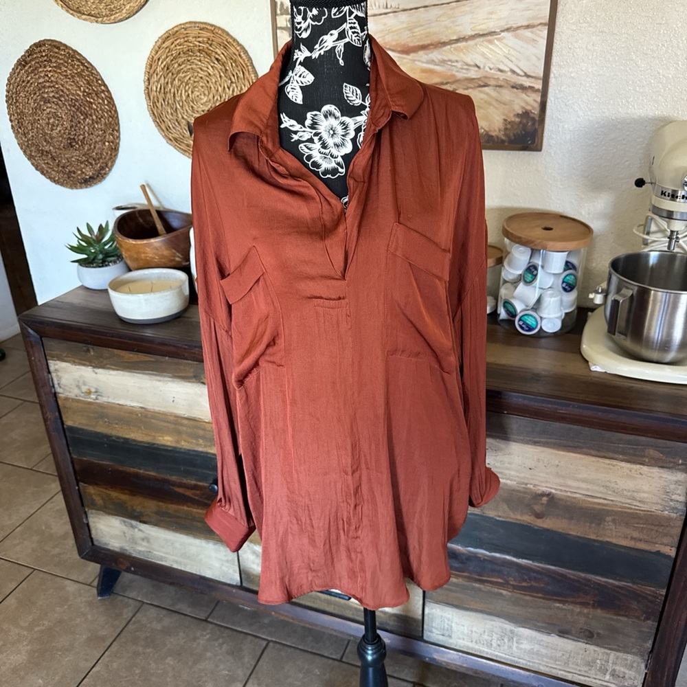 Women's silk Rust Button-Front Blouse